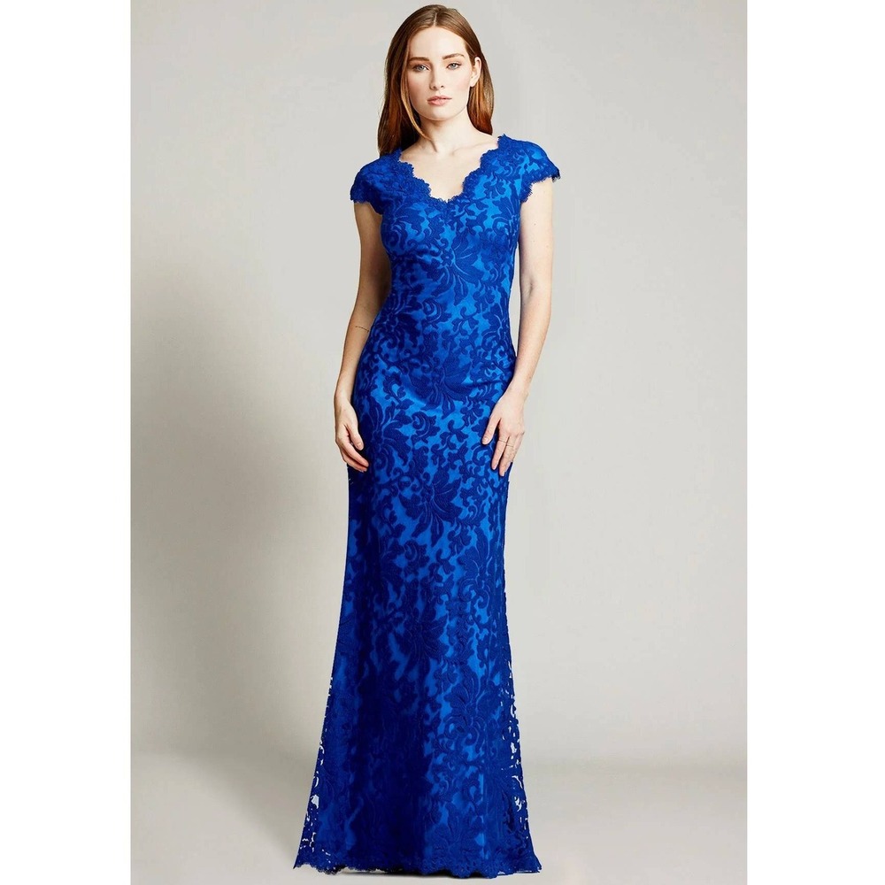 Tadashi Shoji Creighton Lace Embroidered Tulle Gown Dress Cobalt Blue Size 10